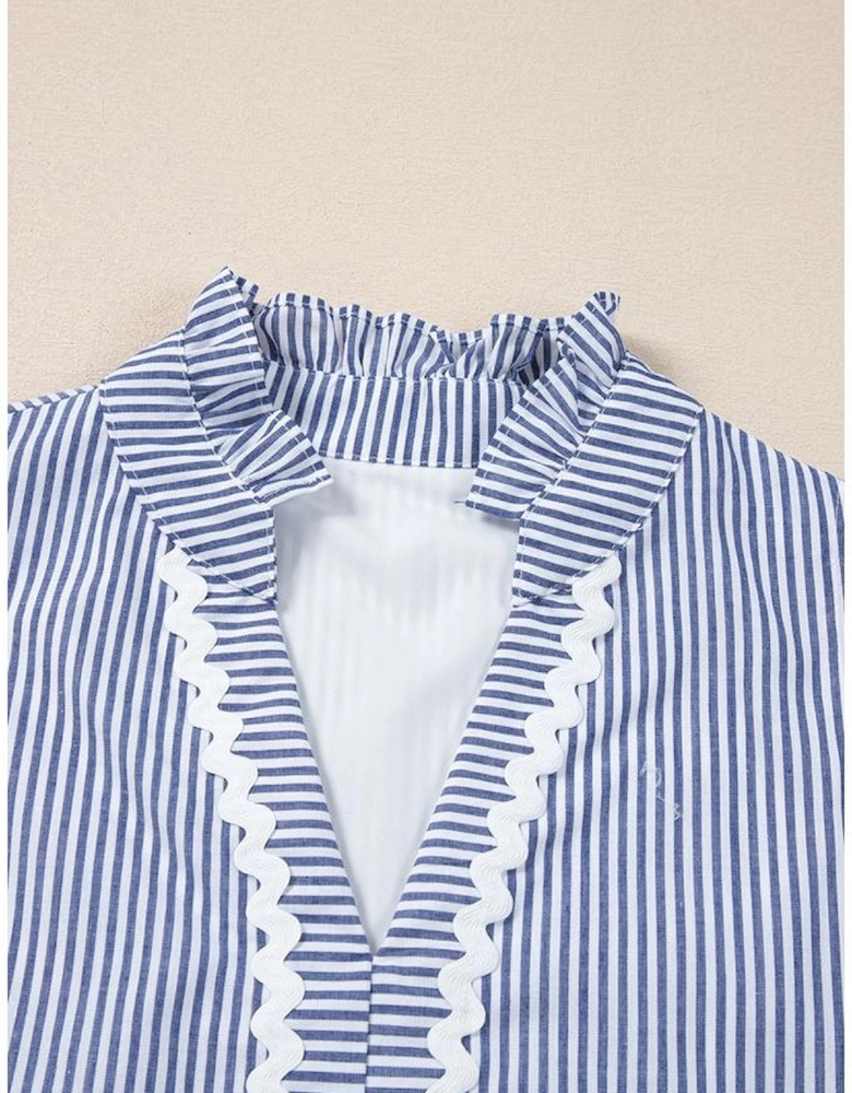 Blue Stripe Sleeveless Notched V Neck Contrast Ric Rac Mini Dress