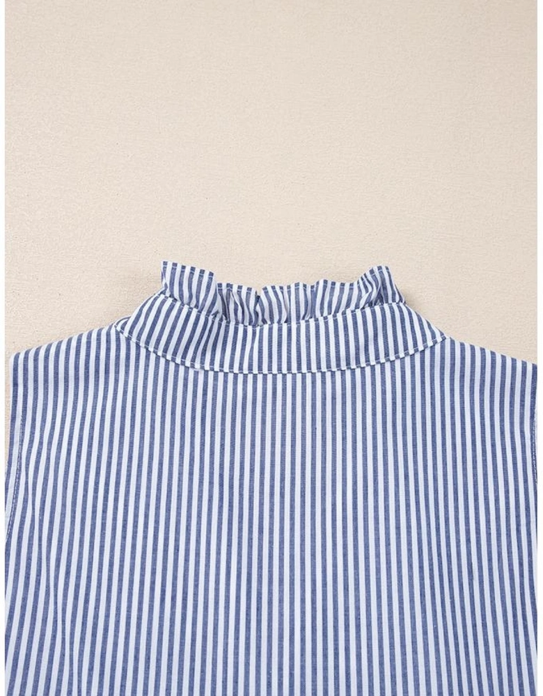 Blue Stripe Sleeveless Notched V Neck Contrast Ric Rac Mini Dress