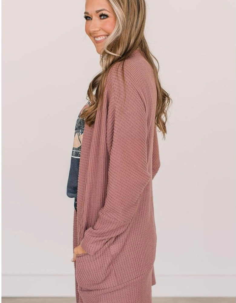 Mineral Red Solid Color Waffle Knit Cardigan with Pocket