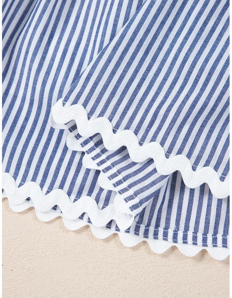 Blue Stripe Sleeveless Notched V Neck Contrast Ric Rac Mini Dress