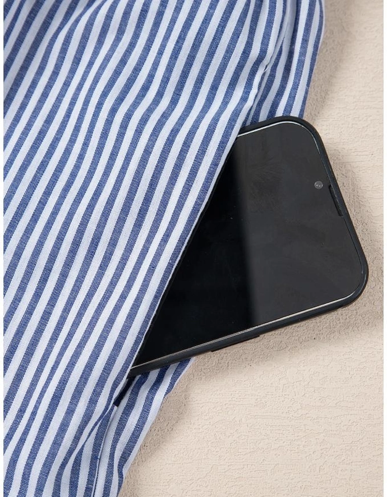 Blue Stripe Sleeveless Notched V Neck Contrast Ric Rac Mini Dress