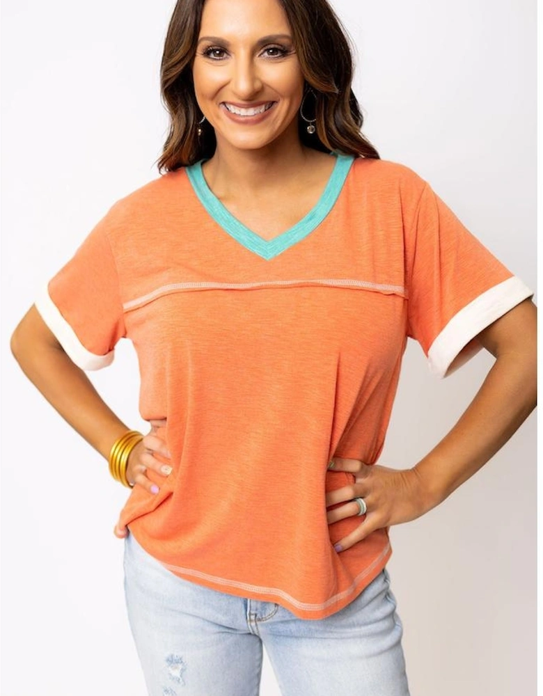Grapefruit Orange Contrast Trim Exposed Seam V Neck T-shirt