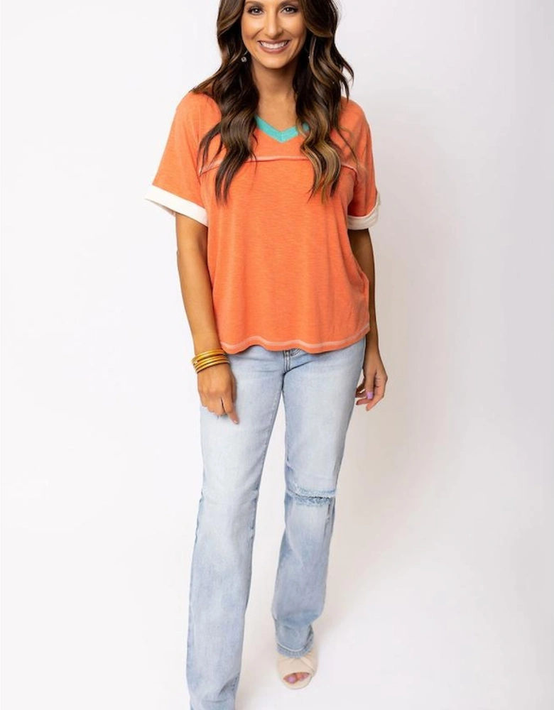 Grapefruit Orange Contrast Trim Exposed Seam V Neck T-shirt