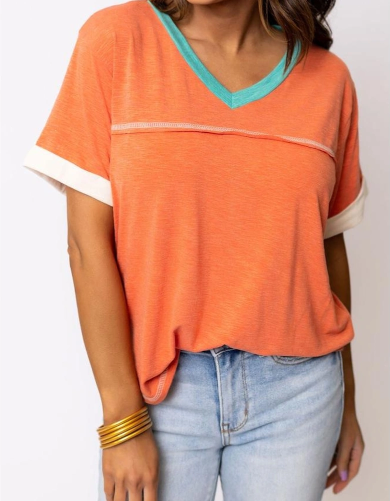 Grapefruit Orange Contrast Trim Exposed Seam V Neck T-shirt