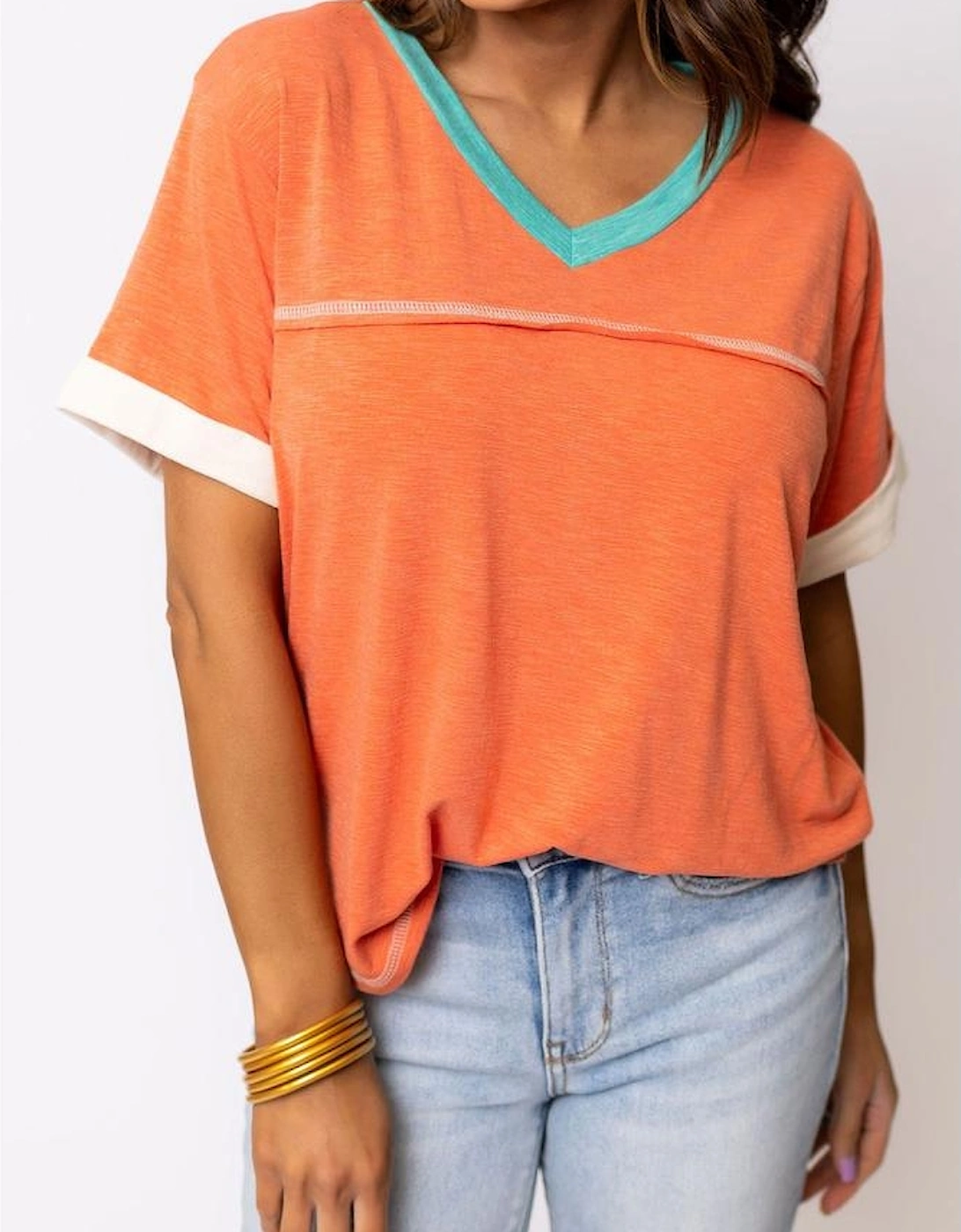 Grapefruit Orange Contrast Trim Exposed Seam V Neck T-shirt