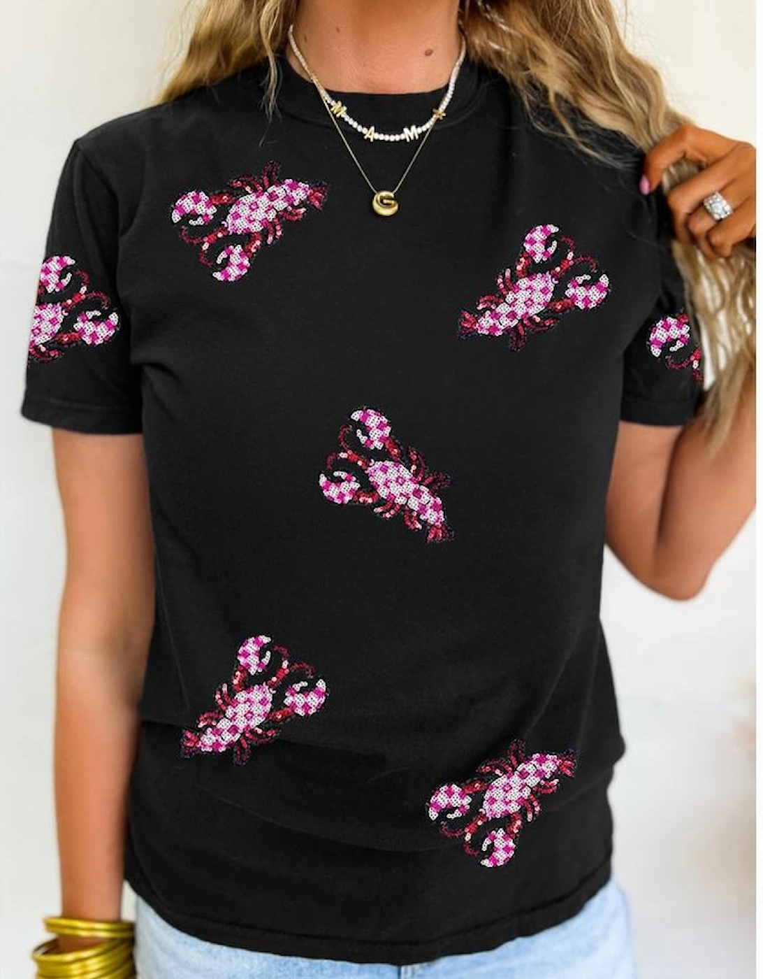 Black Sequin Crawfish Patched Crew Neck Tee