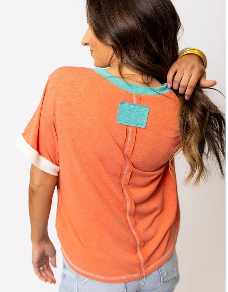 Grapefruit Orange Contrast Trim Exposed Seam V Neck T-shirt