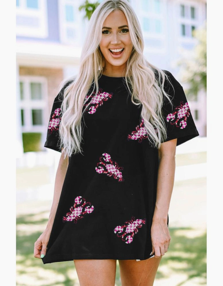 Black Sequin Crawfish Patched Crew Neck Tee