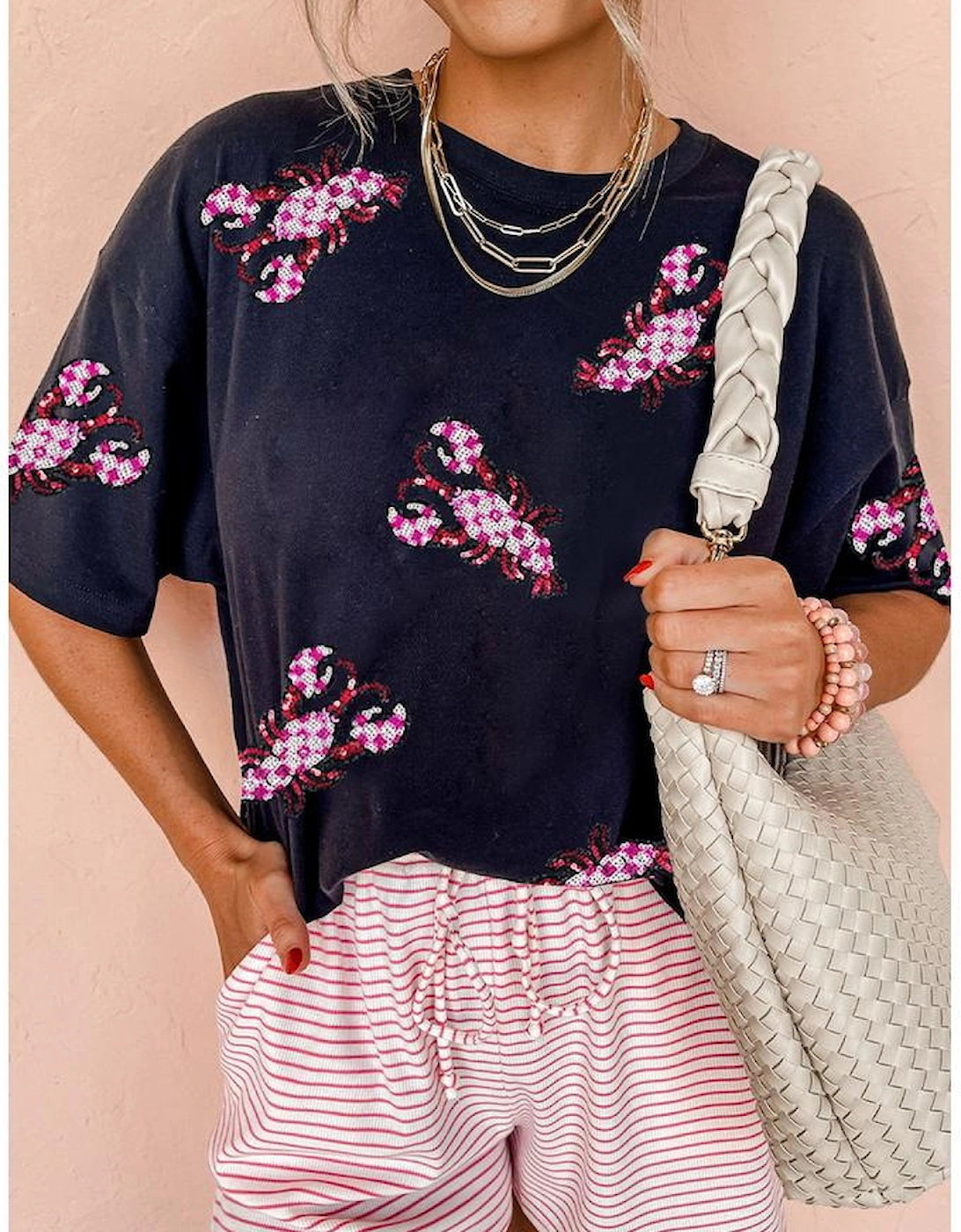 Black Sequin Crawfish Patched Crew Neck Tee, 7 of 6