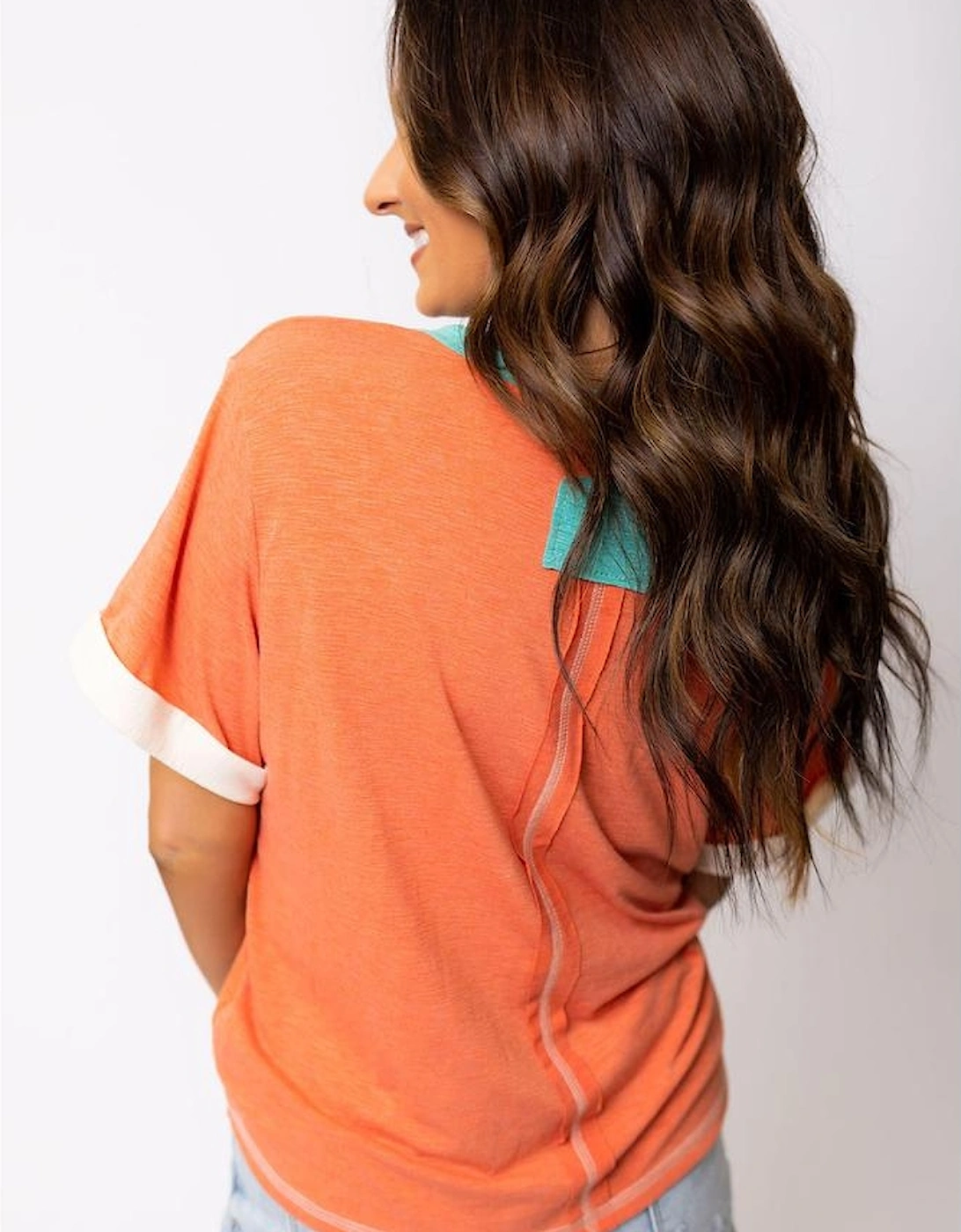 Grapefruit Orange Contrast Trim Exposed Seam V Neck T-shirt
