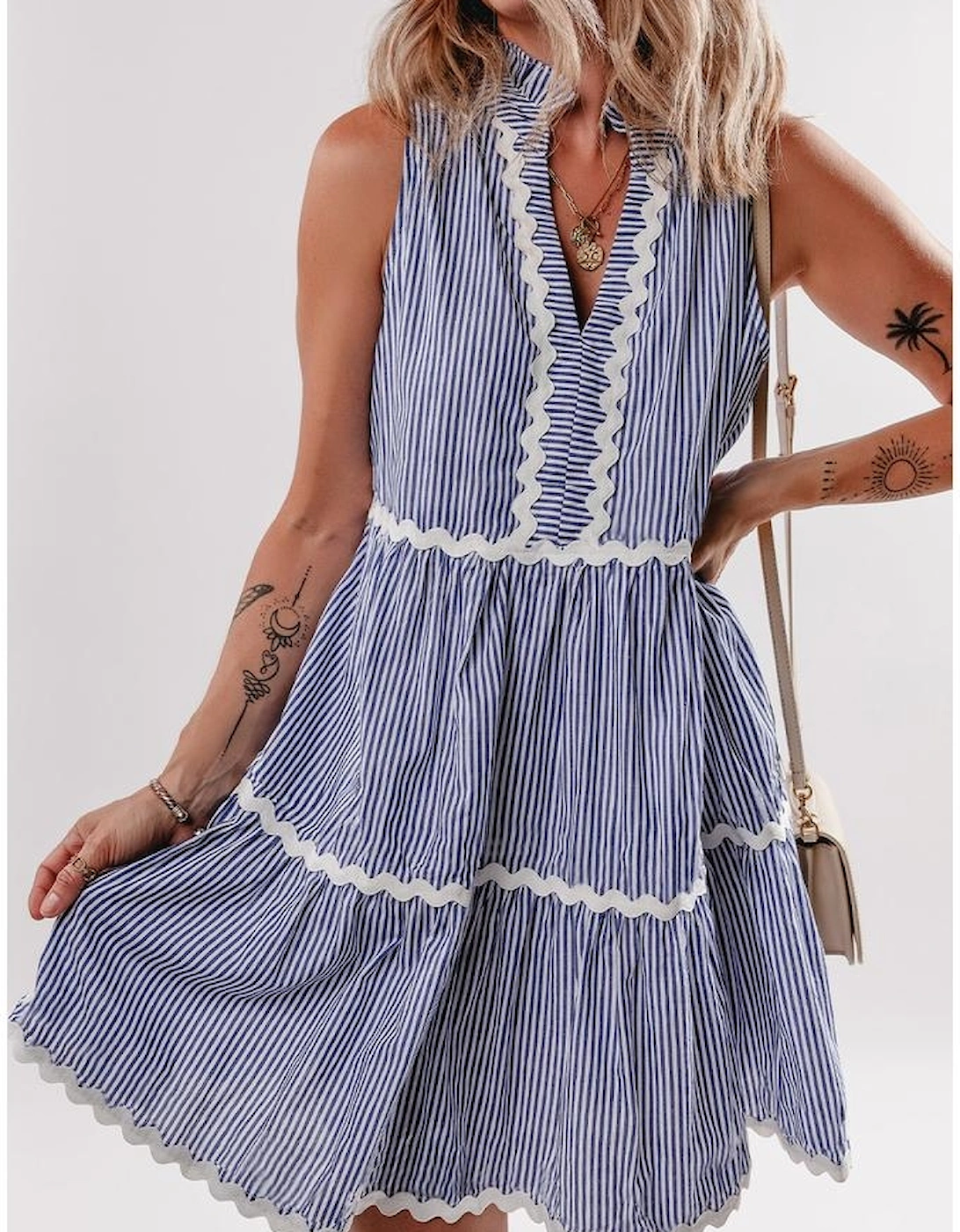Blue Stripe Sleeveless Notched V Neck Contrast Ric Rac Mini Dress