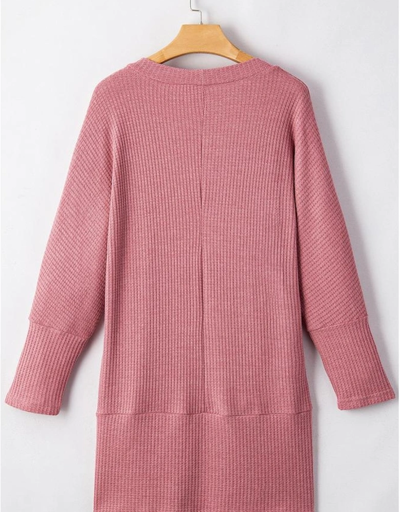 Mineral Red Solid Color Waffle Knit Cardigan with Pocket