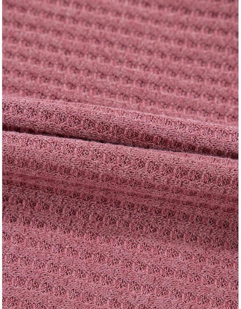 Mineral Red Solid Color Waffle Knit Cardigan with Pocket