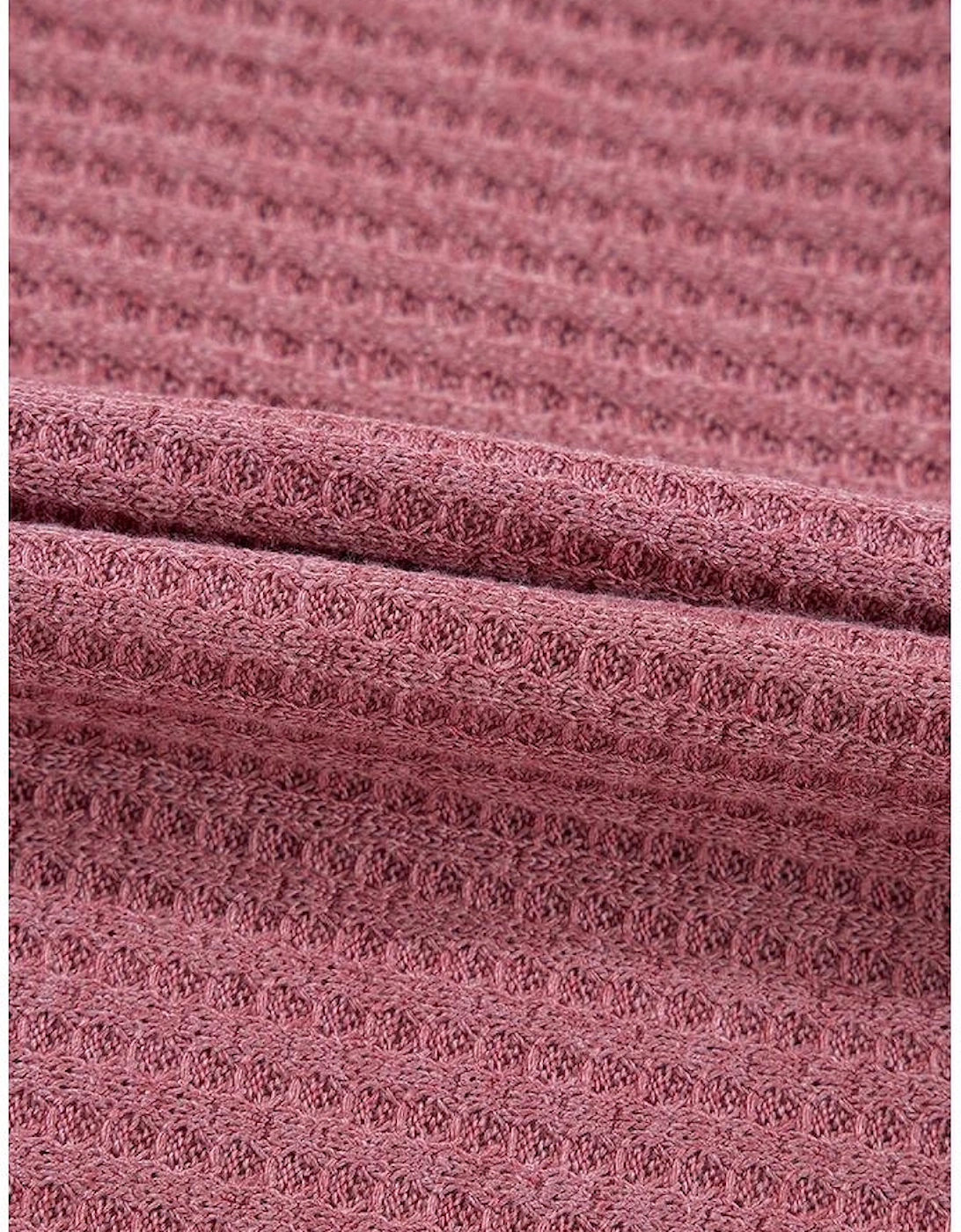 Mineral Red Solid Color Waffle Knit Cardigan with Pocket