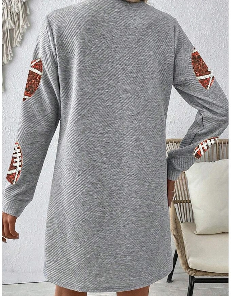 Gray Sequin Rugby Football Graphic Textured Long Sleeve Shift Mini Dress