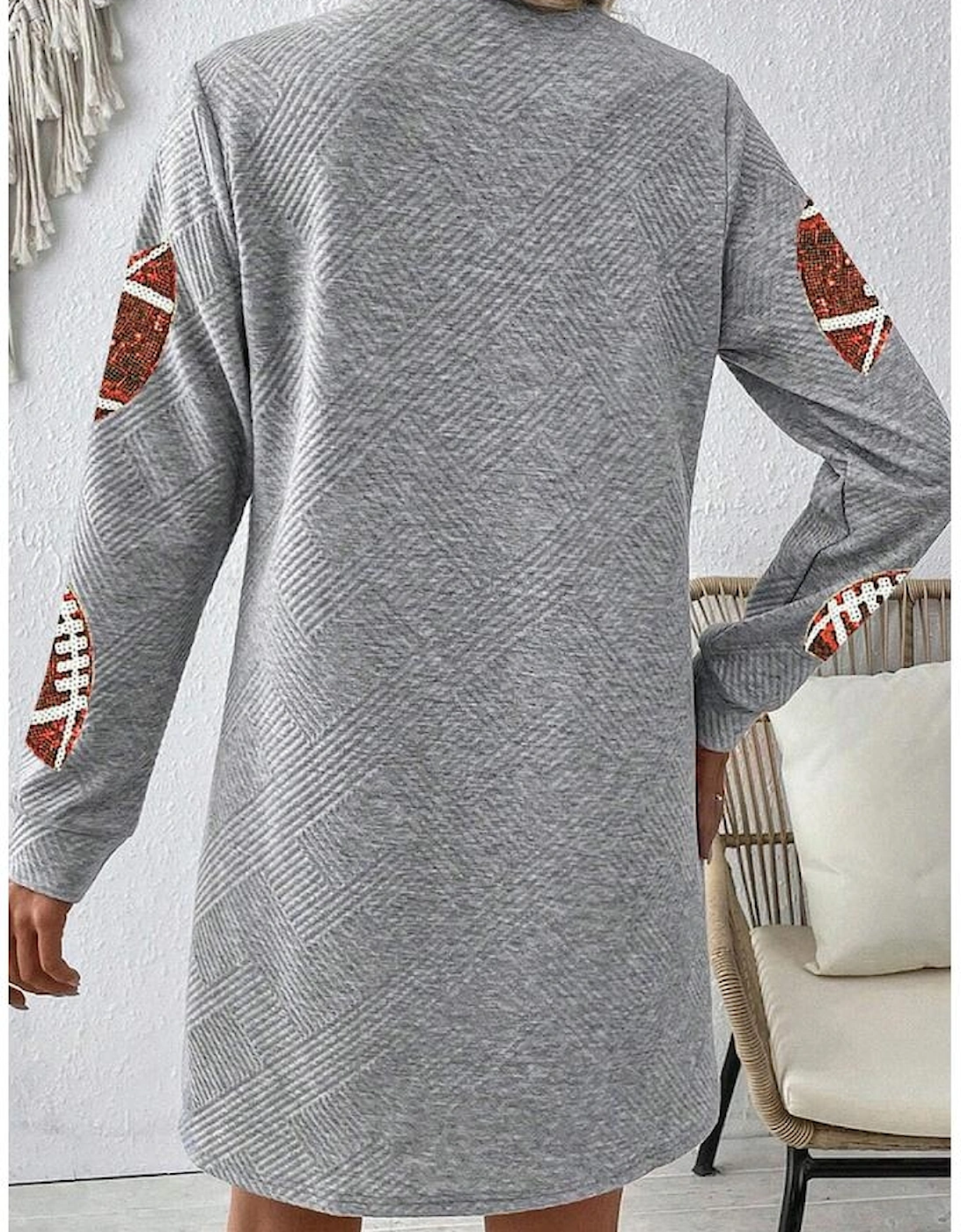 Gray Sequin Rugby Football Graphic Textured Long Sleeve Shift Mini Dress, 6 of 5