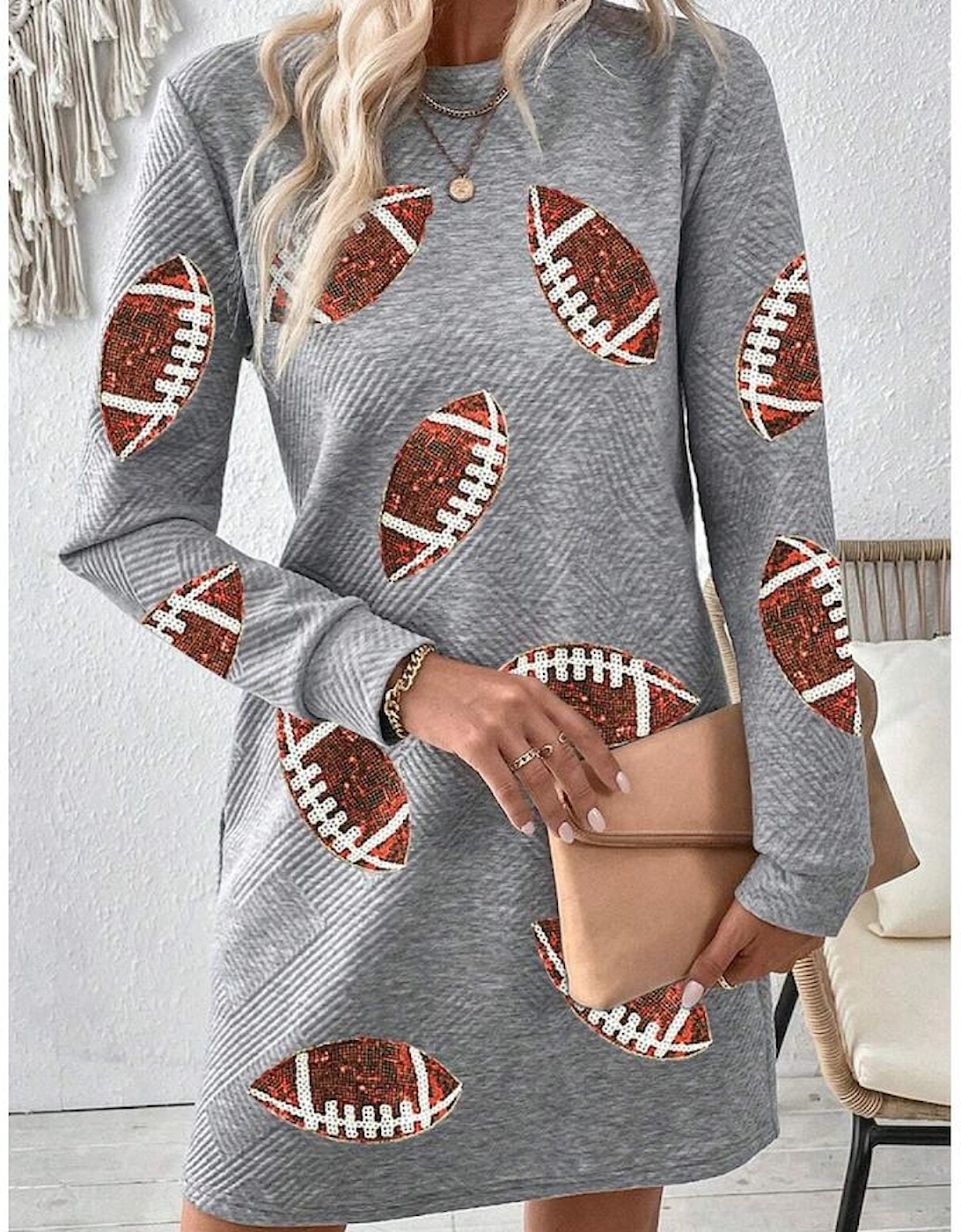 Gray Sequin Rugby Football Graphic Textured Long Sleeve Shift Mini Dress