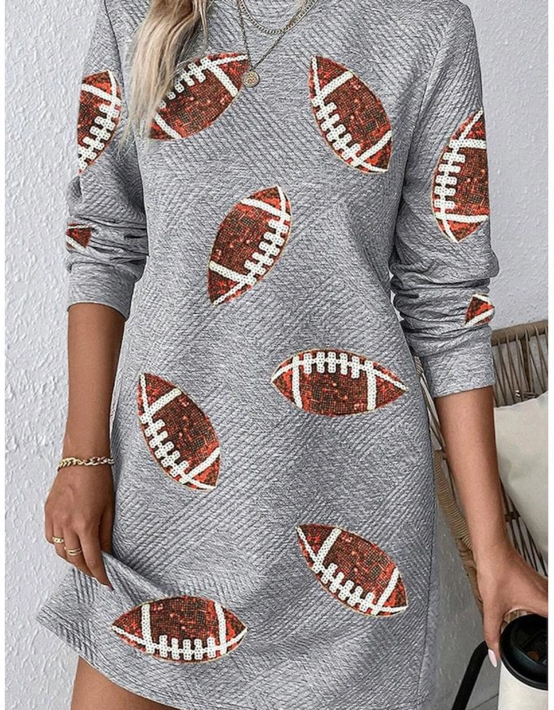 Gray Sequin Rugby Football Graphic Textured Long Sleeve Shift Mini Dress