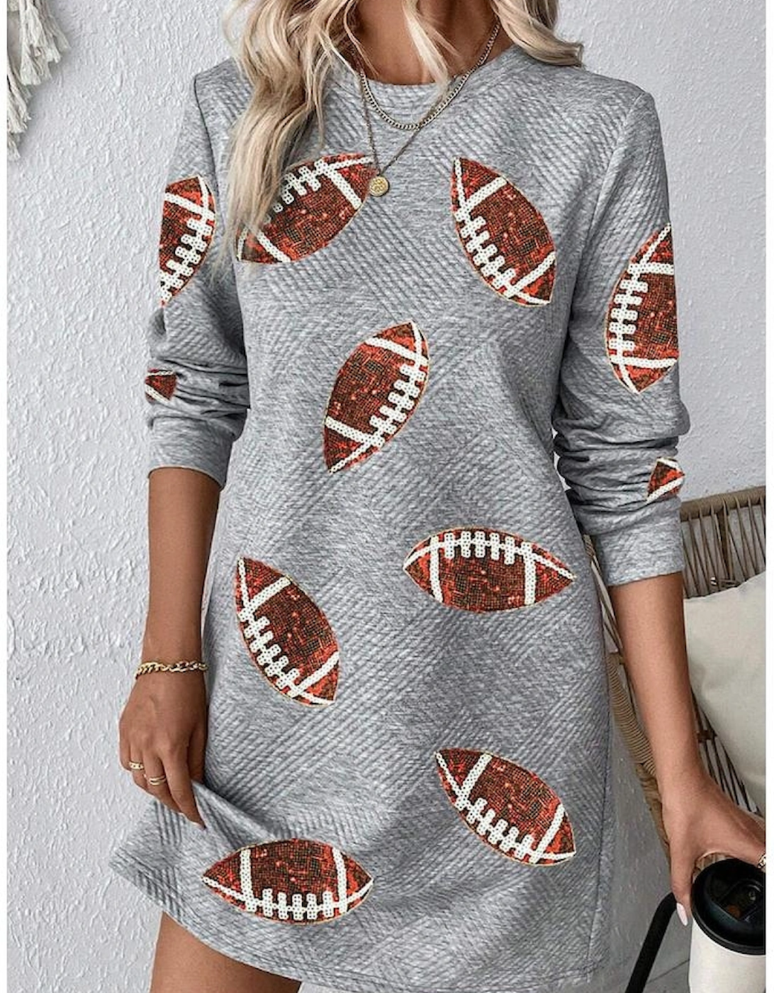 Gray Sequin Rugby Football Graphic Textured Long Sleeve Shift Mini Dress