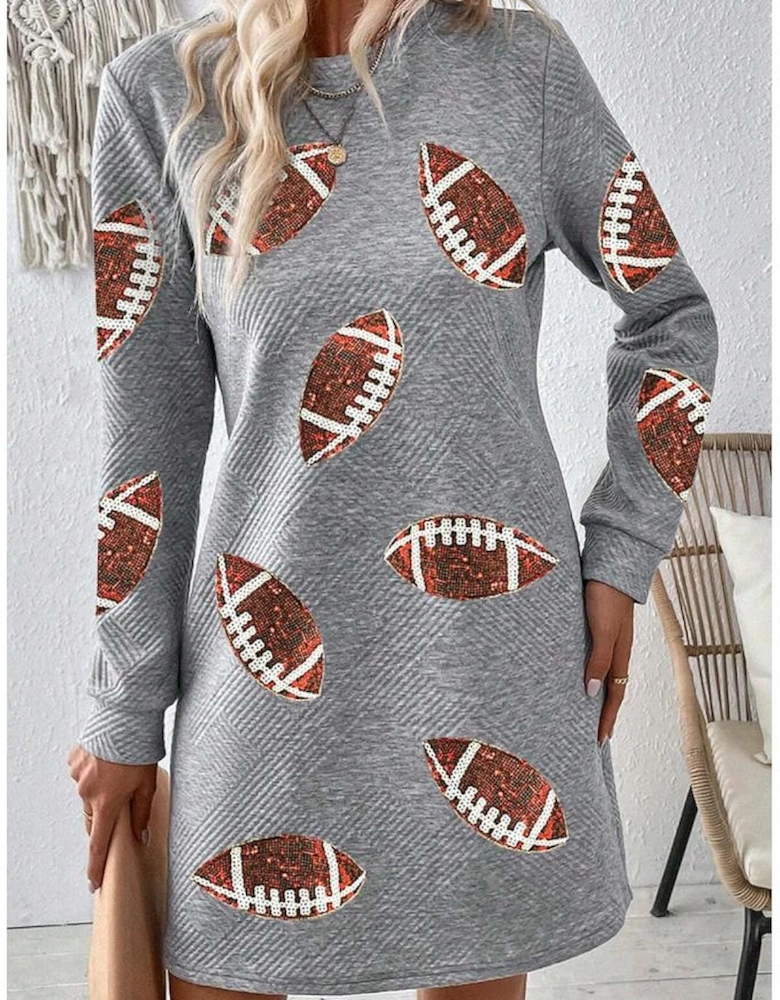 Gray Sequin Rugby Football Graphic Textured Long Sleeve Shift Mini Dress