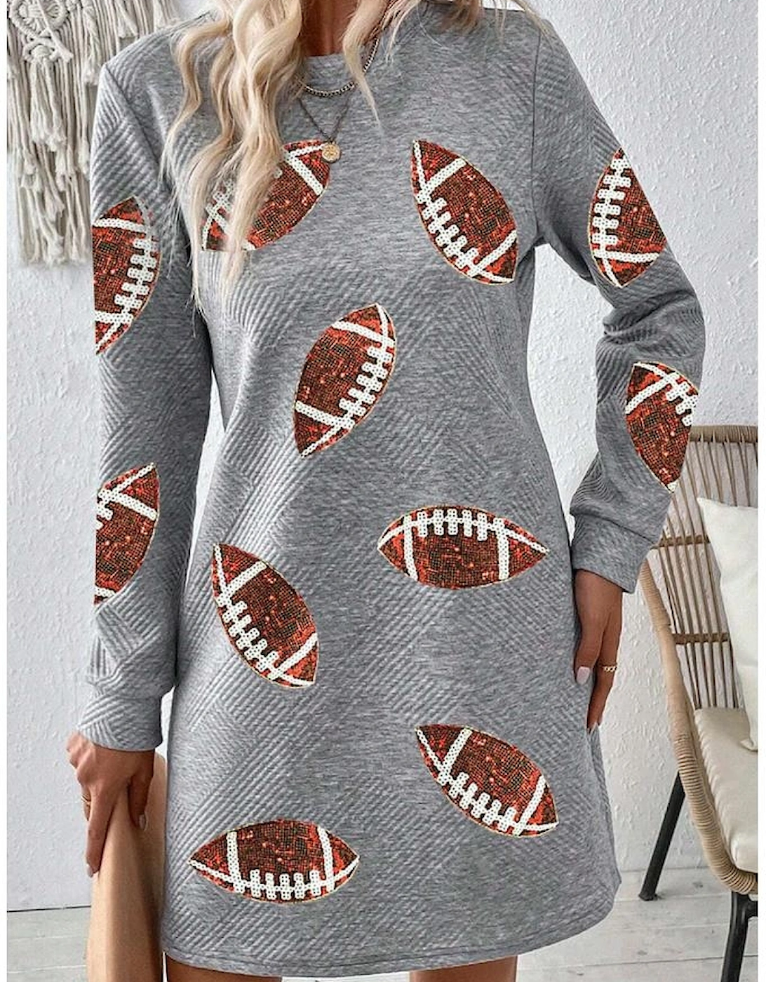 Gray Sequin Rugby Football Graphic Textured Long Sleeve Shift Mini Dress