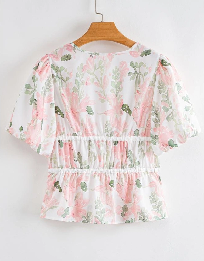 Pink Floral Puff Sleeve V Neck Tied Front Peplum Blouse