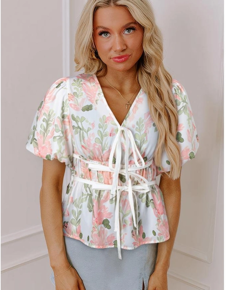 Pink Floral Puff Sleeve V Neck Tied Front Peplum Blouse
