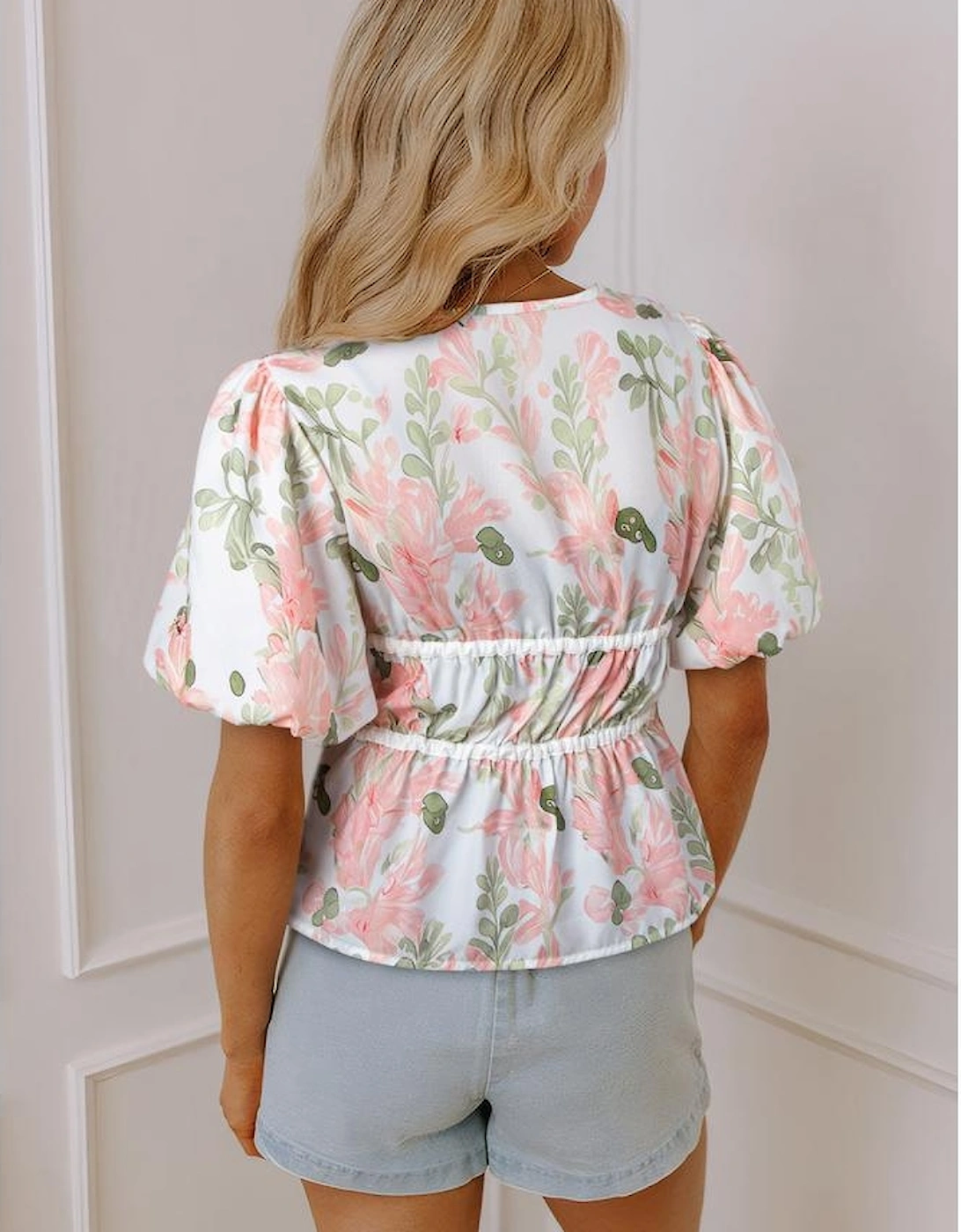 Pink Floral Puff Sleeve V Neck Tied Front Peplum Blouse, 12 of 11