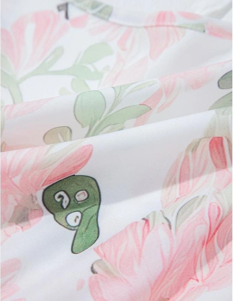 Pink Floral Puff Sleeve V Neck Tied Front Peplum Blouse