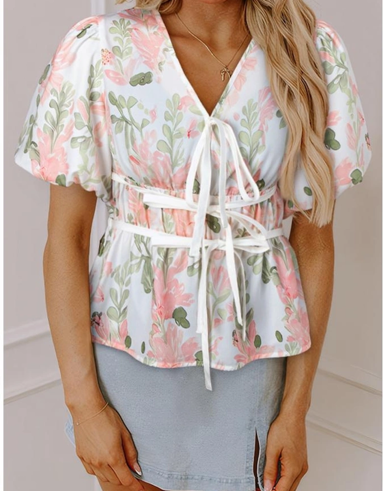 Pink Floral Puff Sleeve V Neck Tied Front Peplum Blouse