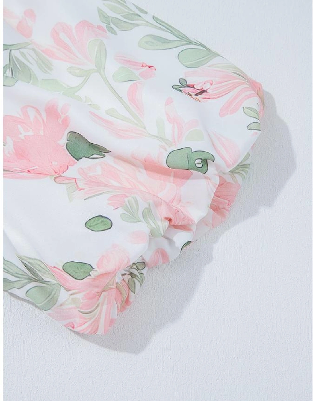 Pink Floral Puff Sleeve V Neck Tied Front Peplum Blouse