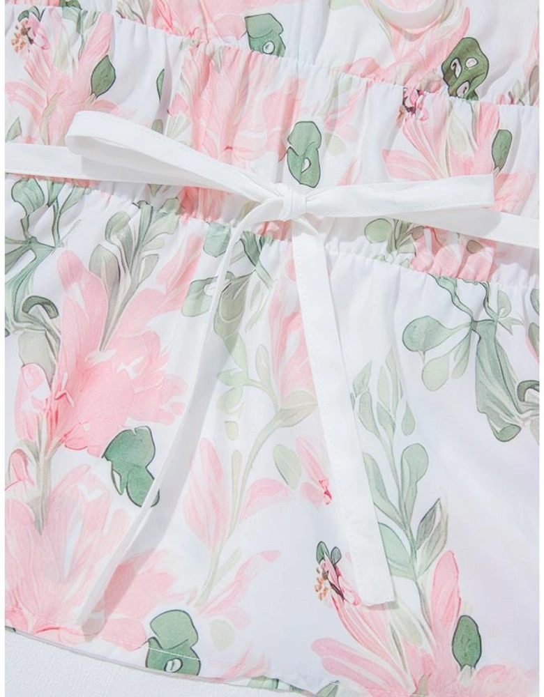 Pink Floral Puff Sleeve V Neck Tied Front Peplum Blouse