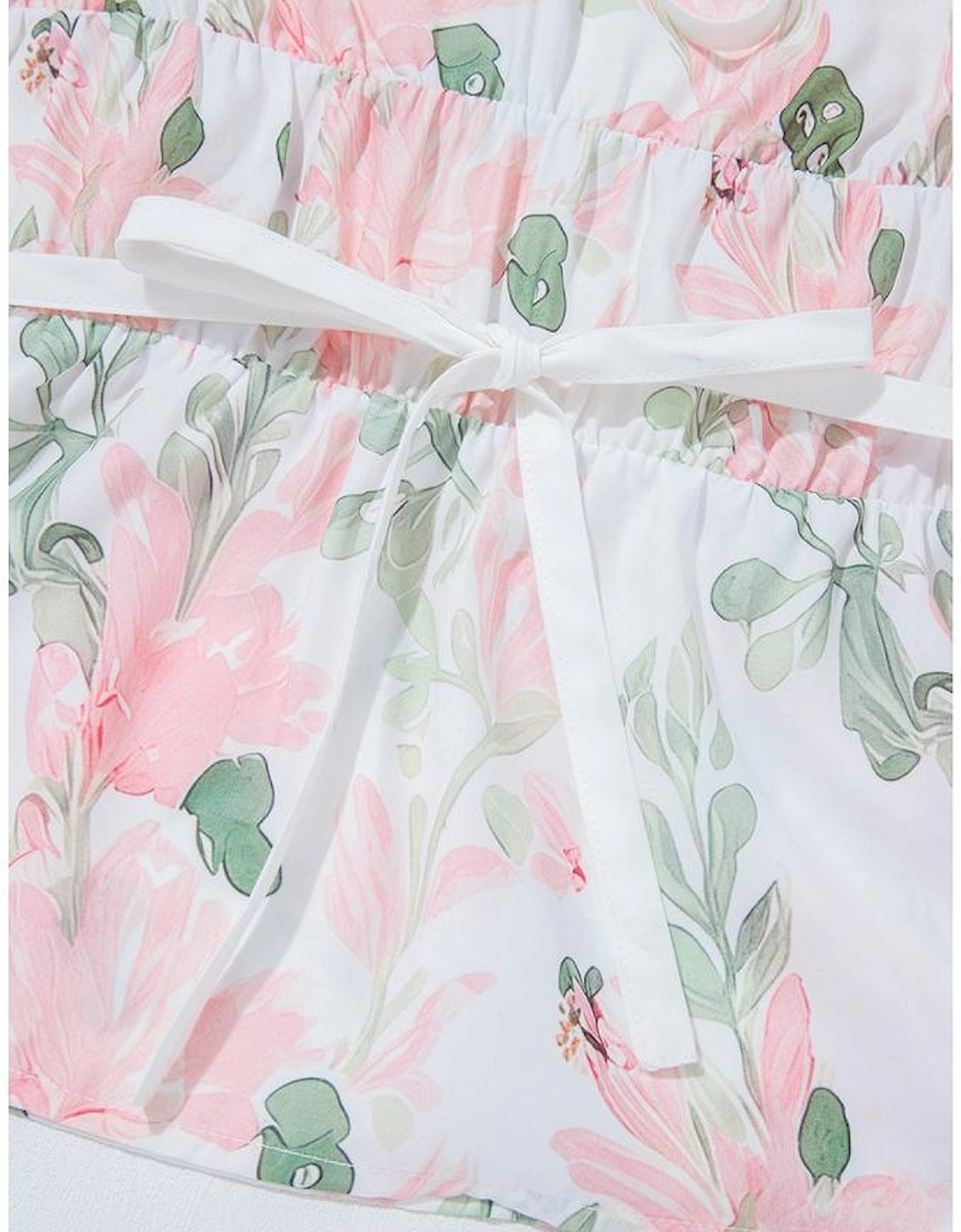 Pink Floral Puff Sleeve V Neck Tied Front Peplum Blouse