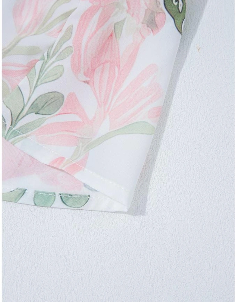 Pink Floral Puff Sleeve V Neck Tied Front Peplum Blouse