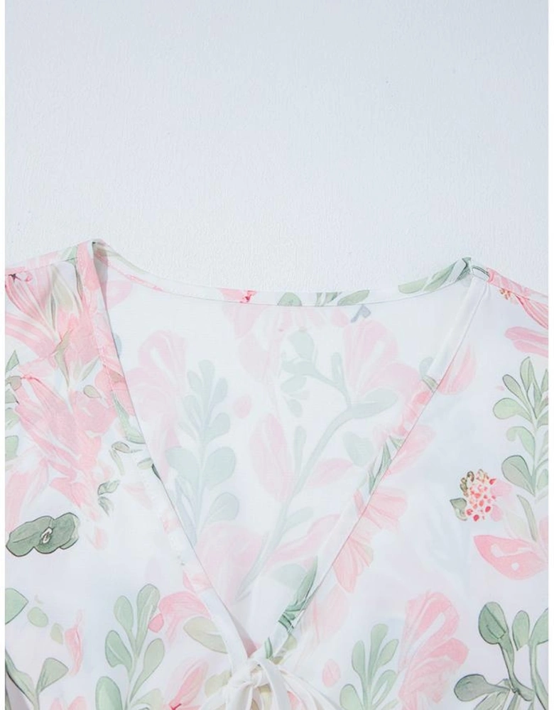 Pink Floral Puff Sleeve V Neck Tied Front Peplum Blouse