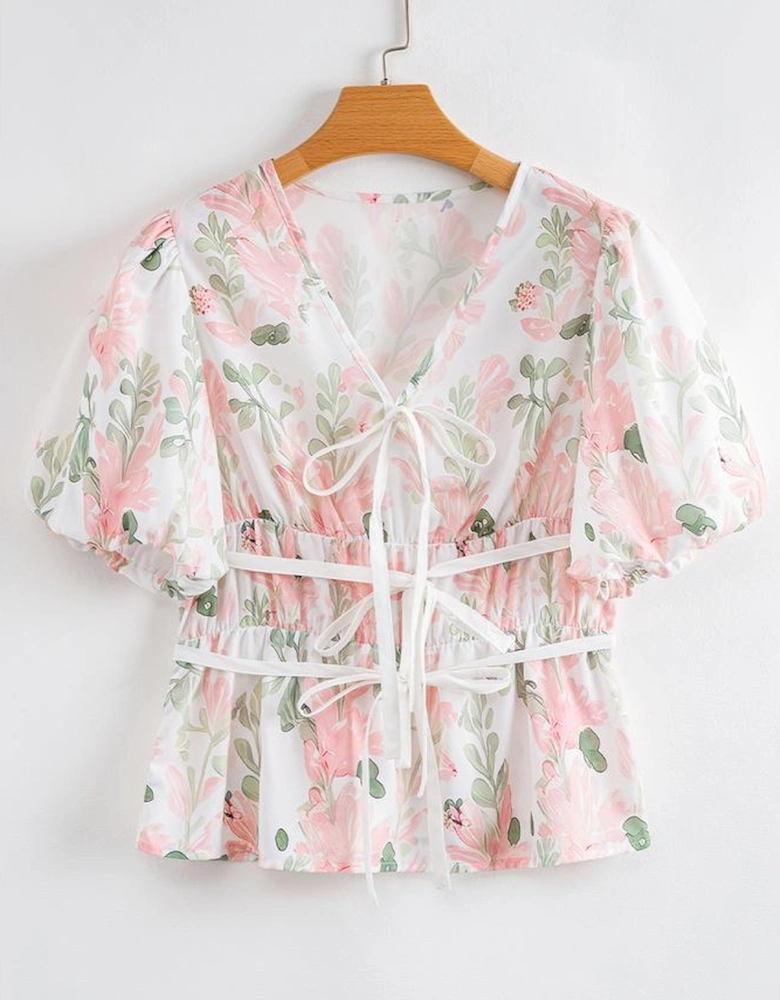 Pink Floral Puff Sleeve V Neck Tied Front Peplum Blouse