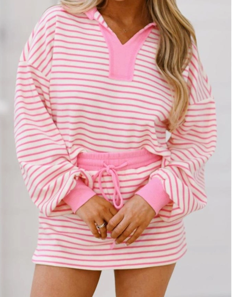 Pink Stripe Collared V Neck Drop Shoulder Pullover and Skort 2pcs Outfit