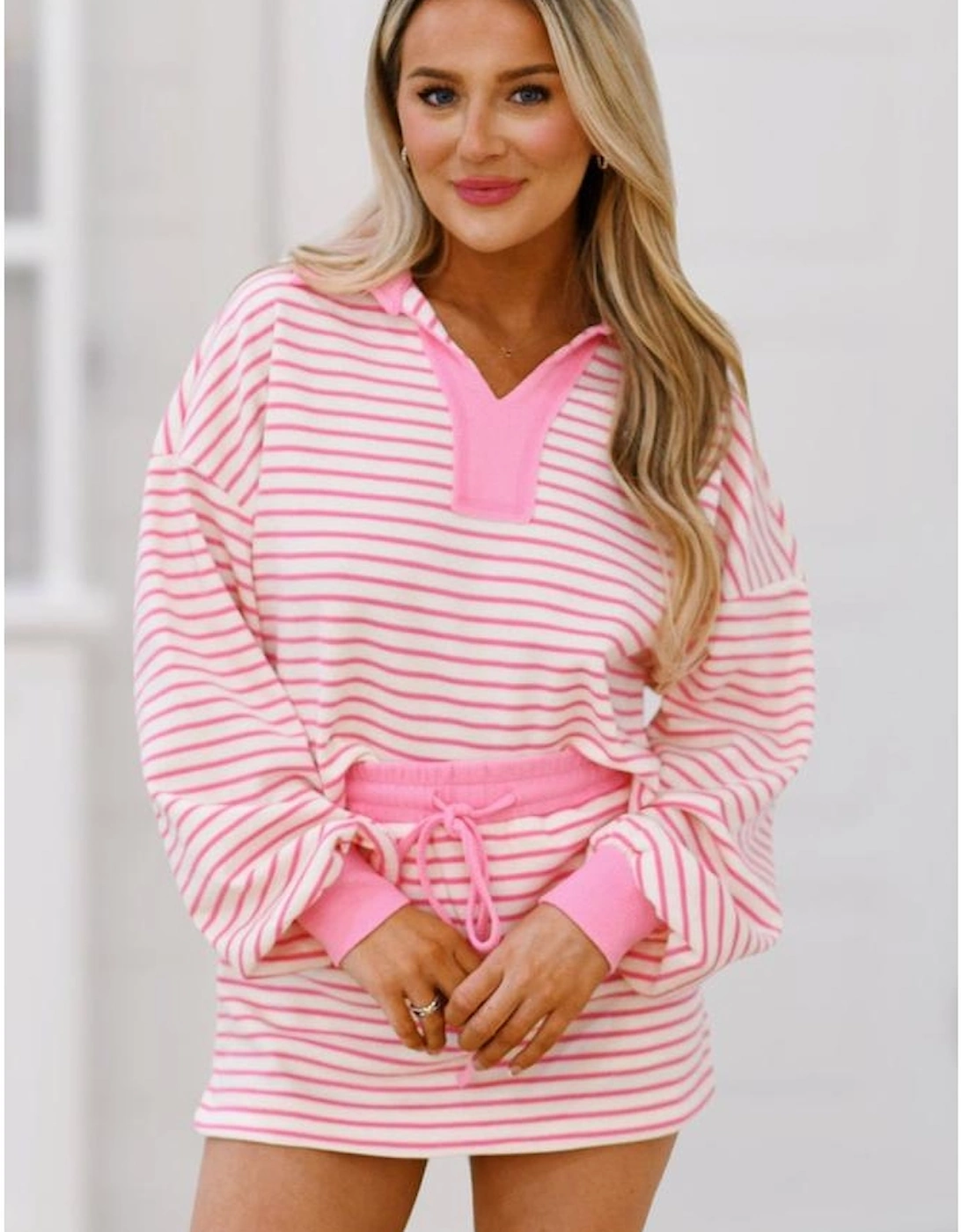 Pink Stripe Collared V Neck Drop Shoulder Pullover and Skort 2pcs Outfit
