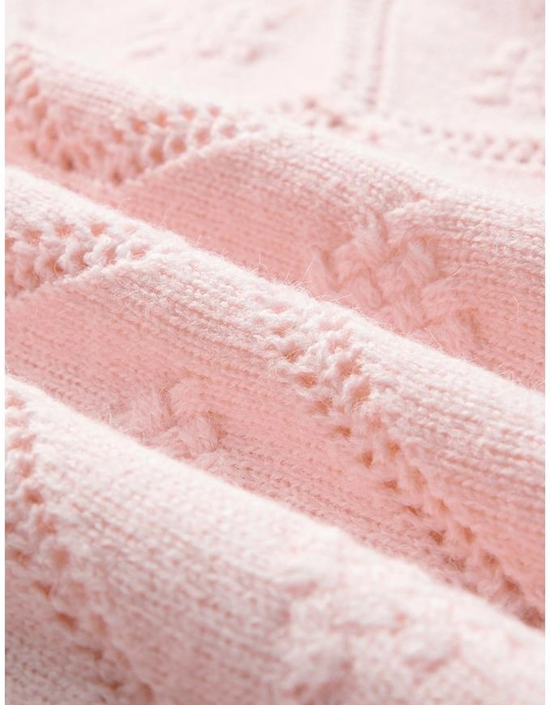 Gossamer Pink Openwork Plaid Puff Sleeve Cropped Sweater