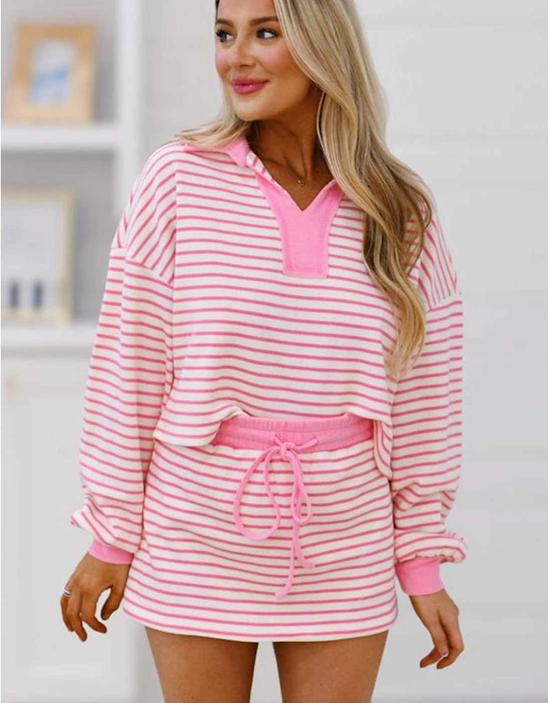 Pink Stripe Collared V Neck Drop Shoulder Pullover and Skort 2pcs Outfit