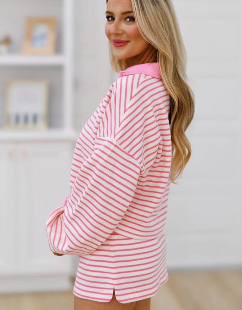 Pink Stripe Collared V Neck Drop Shoulder Pullover and Skort 2pcs Outfit