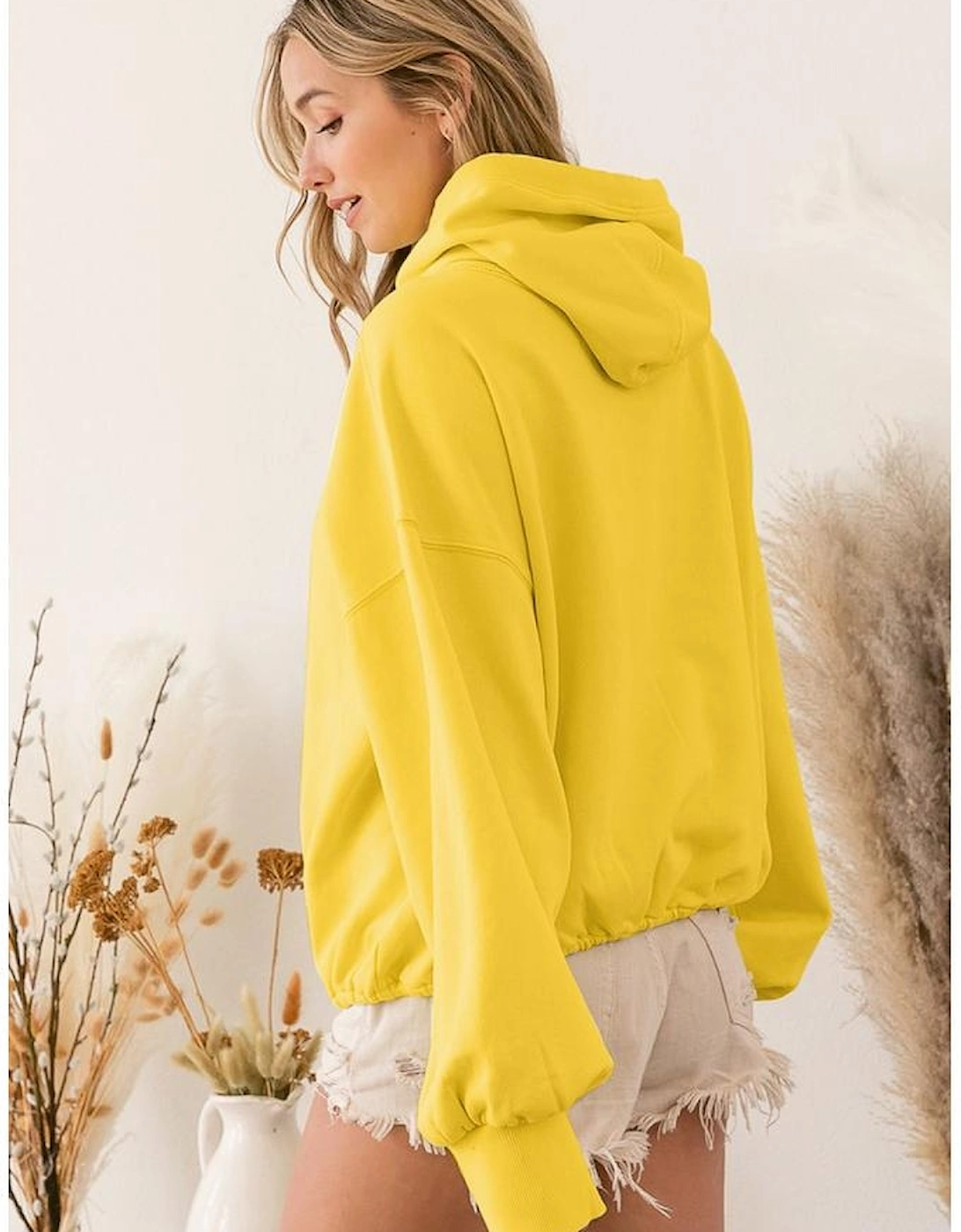Yellow Ribbed Trim Kangaroo Pocket Zipped Hoodie