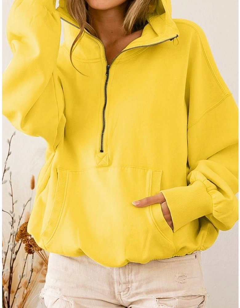Yellow Ribbed Trim Kangaroo Pocket Zipped Hoodie