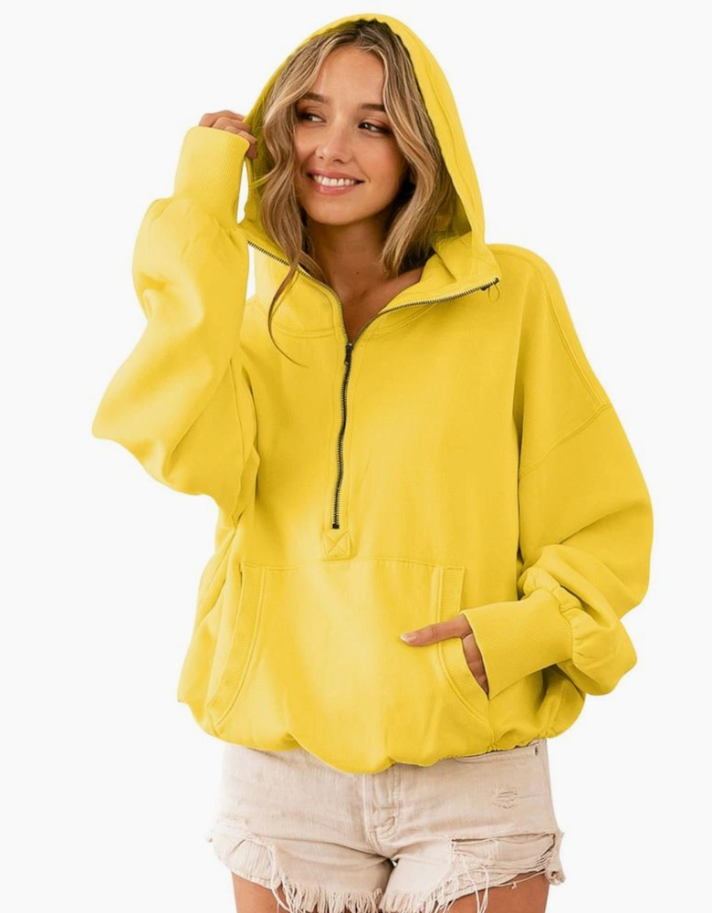 Yellow Ribbed Trim Kangaroo Pocket Zipped Hoodie