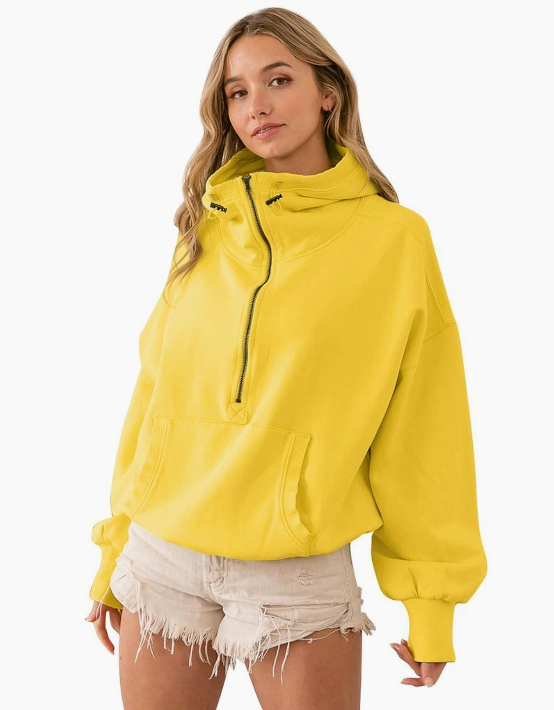 Yellow Ribbed Trim Kangaroo Pocket Zipped Hoodie