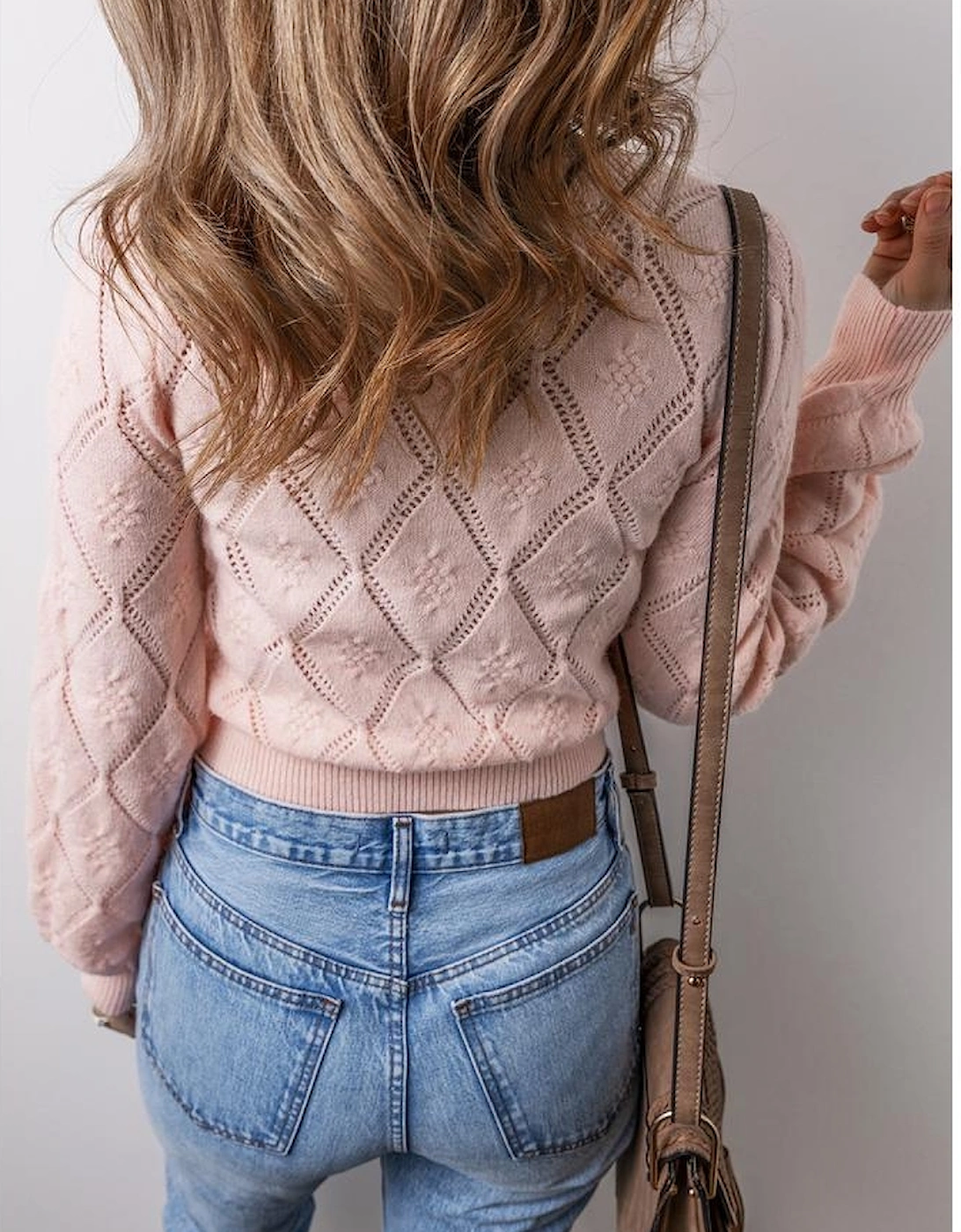 Gossamer Pink Openwork Plaid Puff Sleeve Cropped Sweater