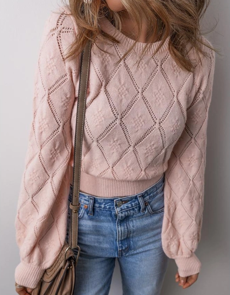 Gossamer Pink Openwork Plaid Puff Sleeve Cropped Sweater