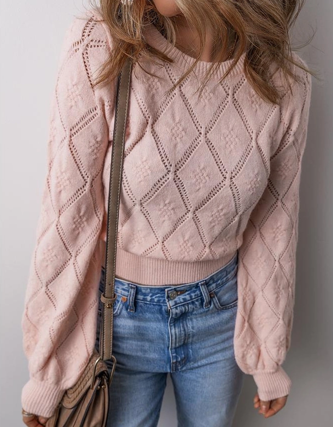 Gossamer Pink Openwork Plaid Puff Sleeve Cropped Sweater
