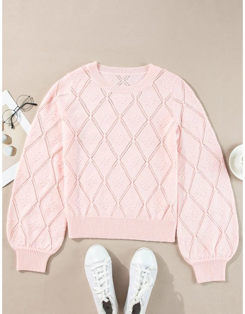 Gossamer Pink Openwork Plaid Puff Sleeve Cropped Sweater
