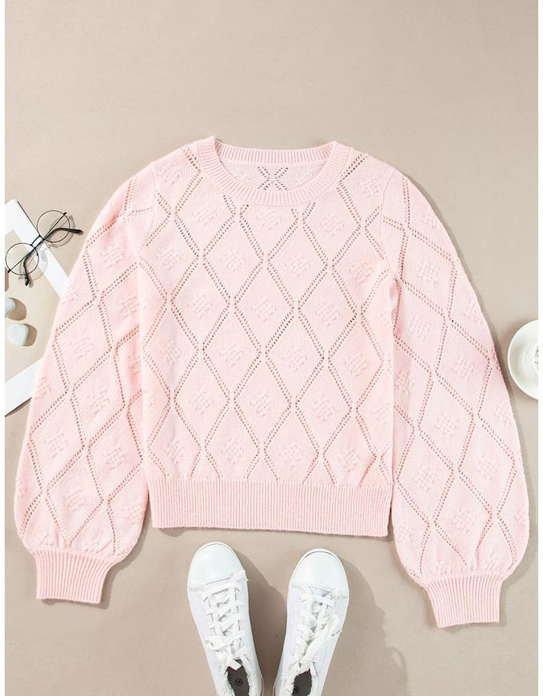 Gossamer Pink Openwork Plaid Puff Sleeve Cropped Sweater